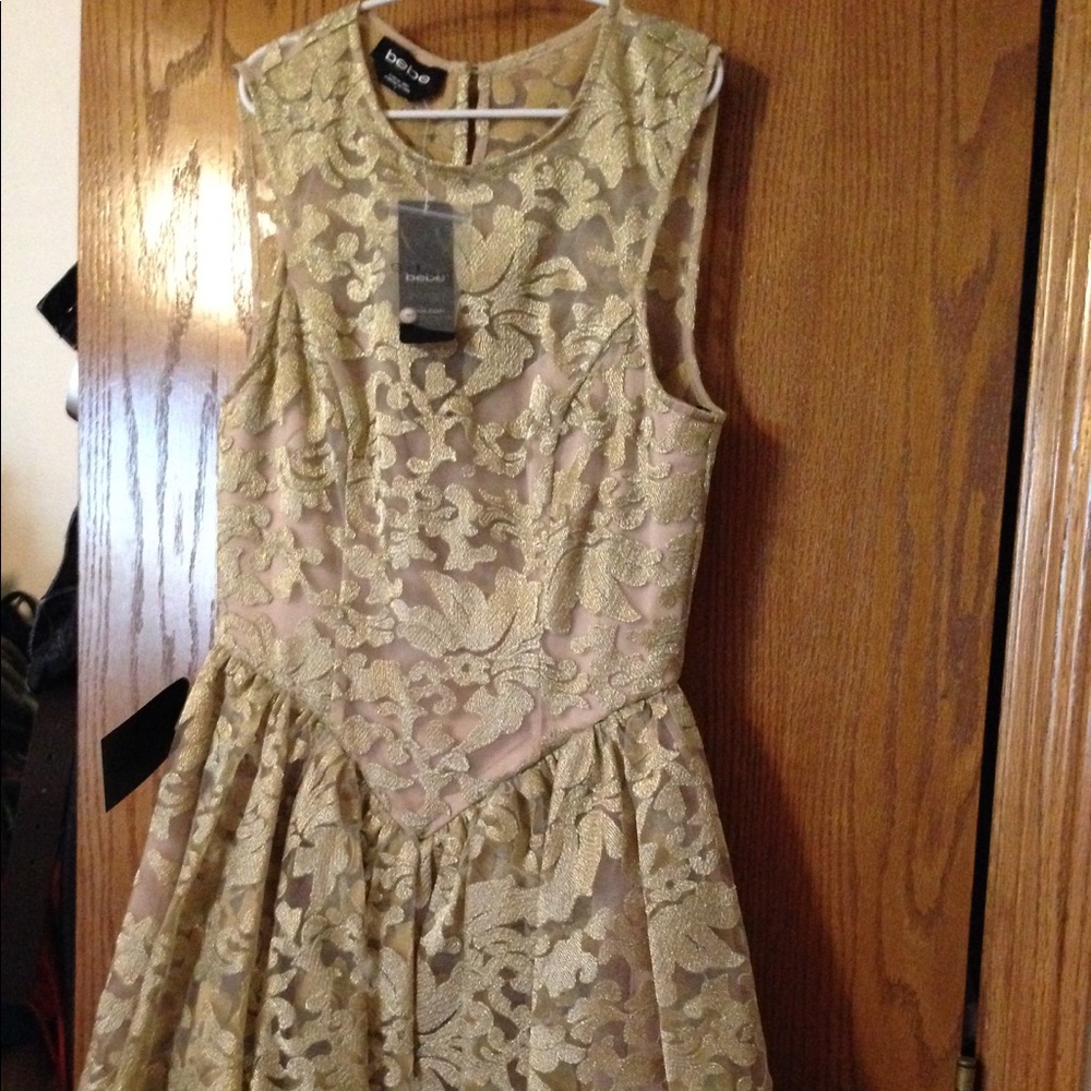 NWT BEBE gold lace mini dress sz0